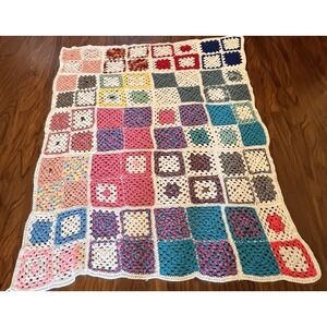 VTG Granny Square Afghan Handmade Crocheted Large Throw Blanket 75"x56" Colorful